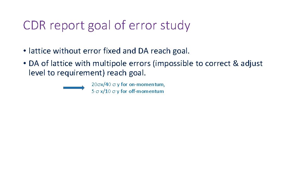 CDR report goal of error study • lattice without error fixed and DA reach