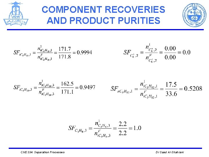 COMPONENT RECOVERIES AND PRODUCT PURITIES Ch. E 334: Separation Processes Dr Saad Al-Shahrani 