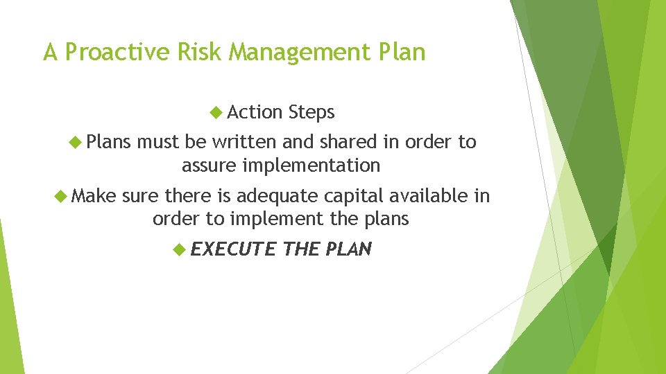 A Proactive Risk Management Plan Action Plans Make Steps must be written and shared