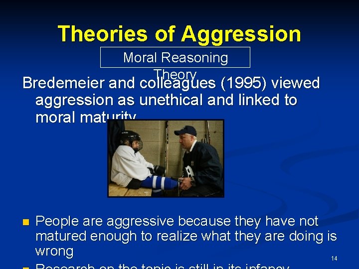 Theories of Aggression Moral Reasoning Theory Bredemeier and colleagues (1995) viewed aggression as unethical