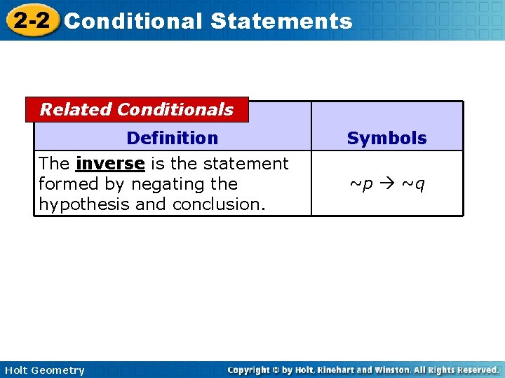 2 -2 Conditional Statements Related Conditionals Definition The inverse is the statement formed by