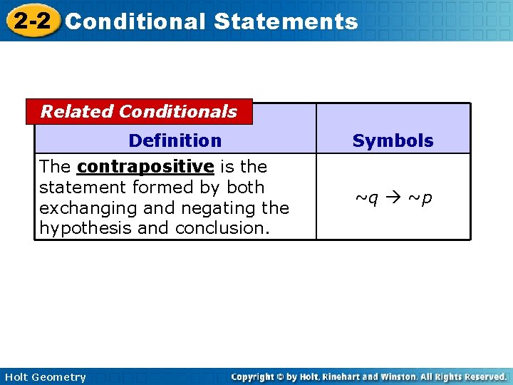 2 -2 Conditional Statements Related Conditionals Definition The contrapositive is the statement formed by