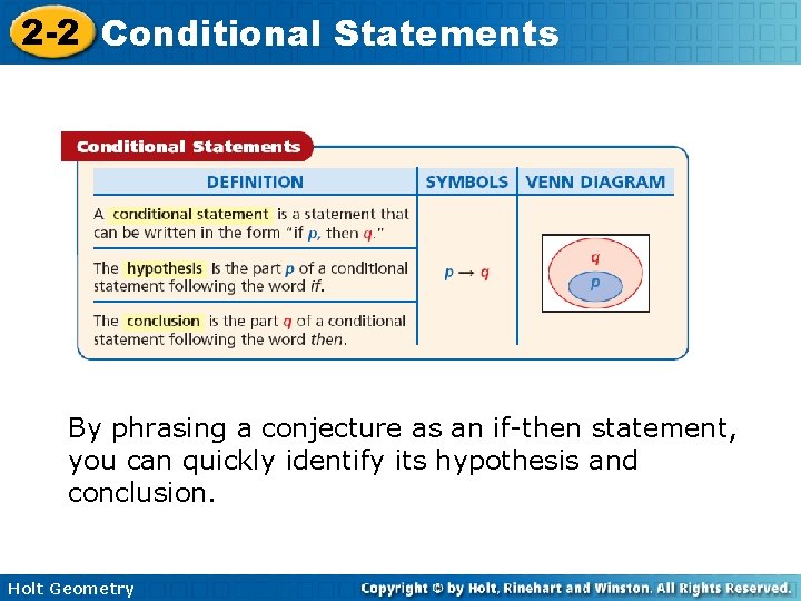2 -2 Conditional Statements By phrasing a conjecture as an if-then statement, you can