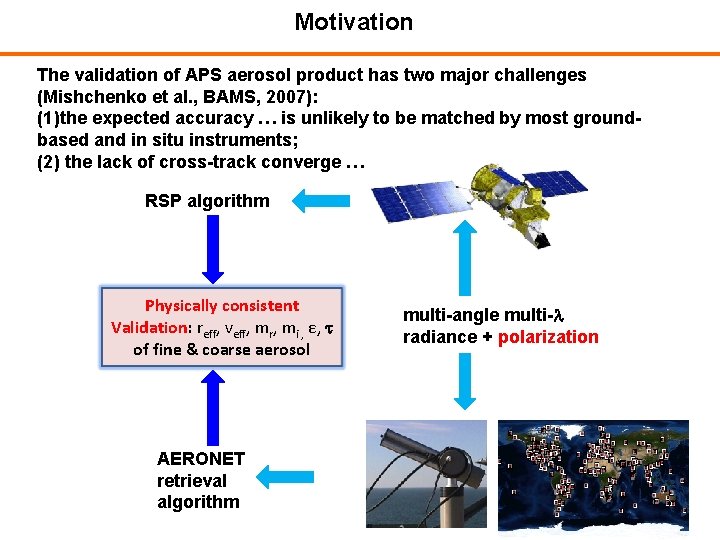 Motivation The validation of APS aerosol product has two major challenges (Mishchenko et al.