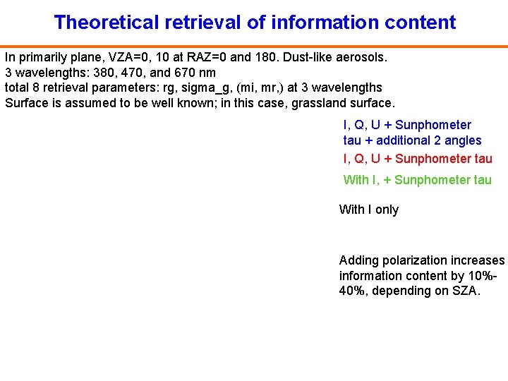 Theoretical retrieval of information content In primarily plane, VZA=0, 10 at RAZ=0 and 180.