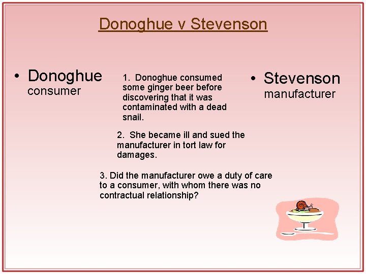 Donoghue v Stevenson • Donoghue consumer 1. Donoghue consumed some ginger before discovering that Donoghue v Stevenson • Donoghue consumer 1. Donoghue consumed some ginger before discovering that