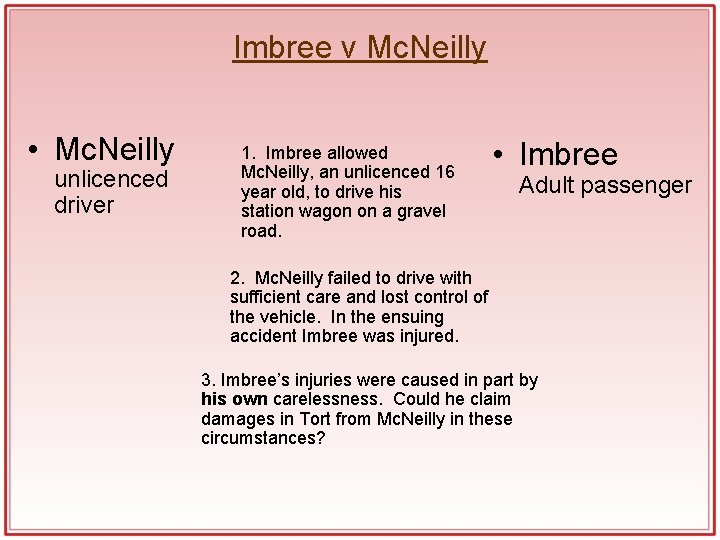 Imbree v Mc. Neilly • Mc. Neilly unlicenced driver 1. Imbree allowed Mc. Neilly, Imbree v Mc. Neilly • Mc. Neilly unlicenced driver 1. Imbree allowed Mc. Neilly,