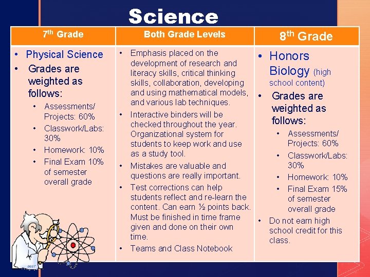Science z 7 th Grade • Physical Science • Grades are weighted as follows: