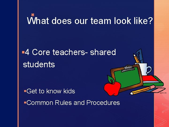 z What does our team look like? § 4 Core teachers- shared students §Get