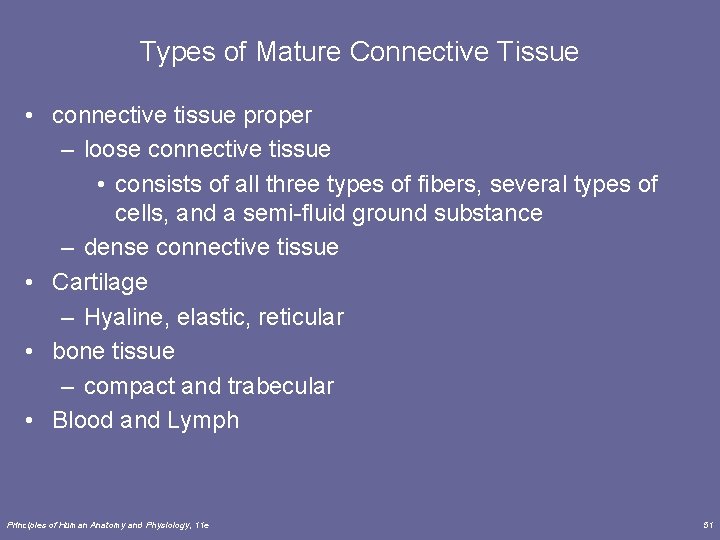 Types of Mature Connective Tissue • connective tissue proper – loose connective tissue •