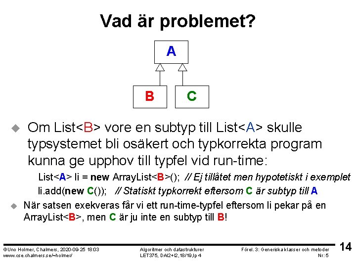 Vad är problemet? A B u u C Om List<B> vore en subtyp till