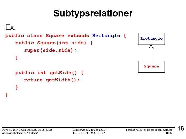 Subtypsrelationer Ex. public class Square extends Rectangle { public Square(int side) { super(side, side);