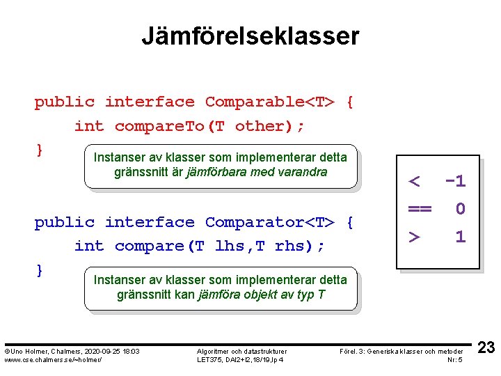 Jämförelseklasser public interface Comparable<T> { int compare. To(T other); } Instanser av klasser som
