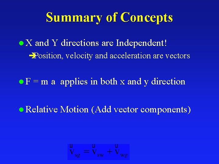 Summary of Concepts l. X and Y directions are Independent! èPosition, velocity and acceleration