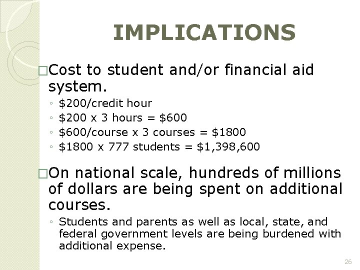 IMPLICATIONS �Cost to student and/or financial aid system. ◦ ◦ $200/credit hour $200 x