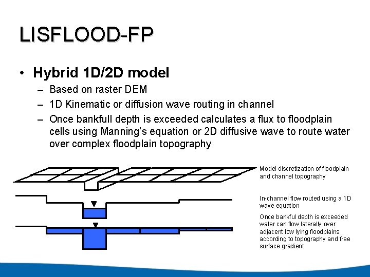 LISFLOOD-FP • Hybrid 1 D/2 D model – Based on raster DEM – 1
