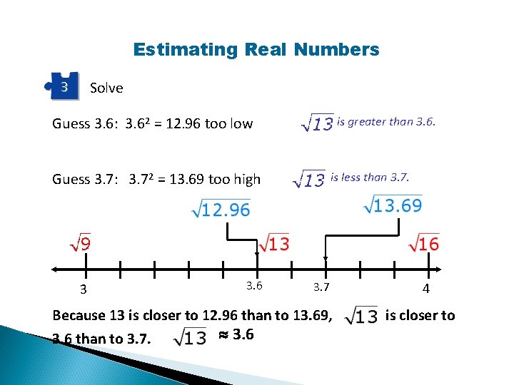 Estimating Real Numbers 3 Solve Guess 3. 6: 3. 62 = 12. 96 too