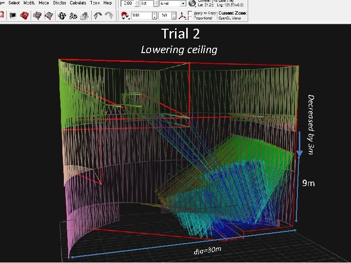 Trial 2 Lowering ceiling Decreased by 3 m 9 m dia=30 m Trial 2 Lowering ceiling Decreased by 3 m 9 m dia=30 m