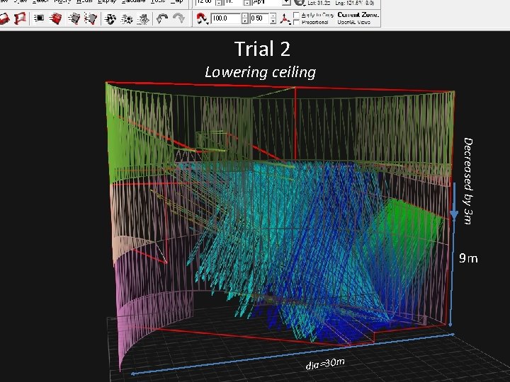 Trial 2 Lowering ceiling Decreased by 3 m 9 m dia=30 m Trial 2 Lowering ceiling Decreased by 3 m 9 m dia=30 m