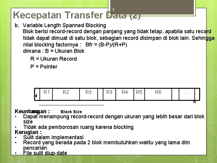 8 Kecepatan Transfer Data (2) b. Variable Length Spanned Blocking Blok berisi record-record dengan