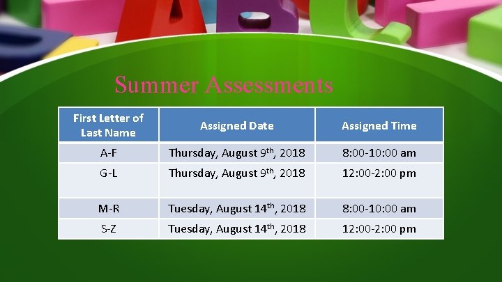 Summer Assessments First Letter of Last Name Assigned Date Assigned Time A-F Thursday, August