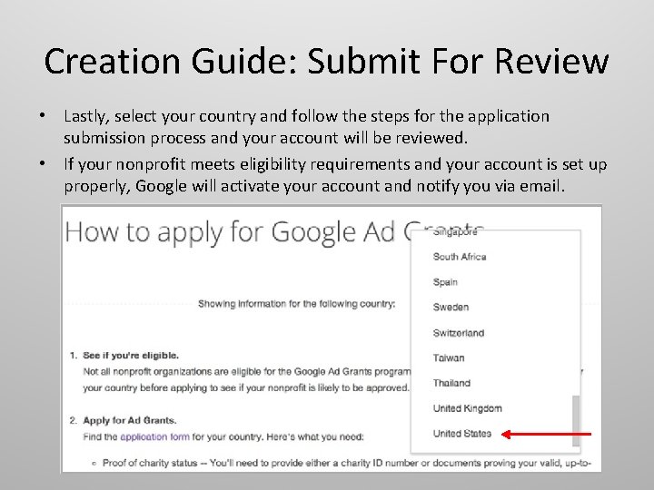 Creation Guide: Submit For Review • Lastly, select your country and follow the steps