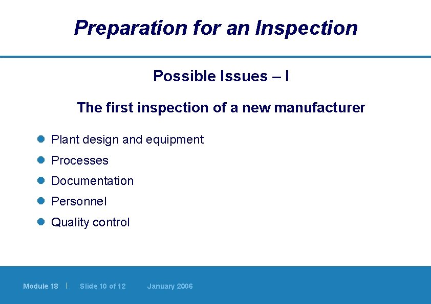 Preparation for an Inspection Possible Issues – I The first inspection of a new Preparation for an Inspection Possible Issues – I The first inspection of a new