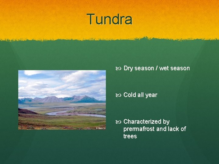 Tundra Dry season / wet season Cold all year Characterized by prermafrost and lack