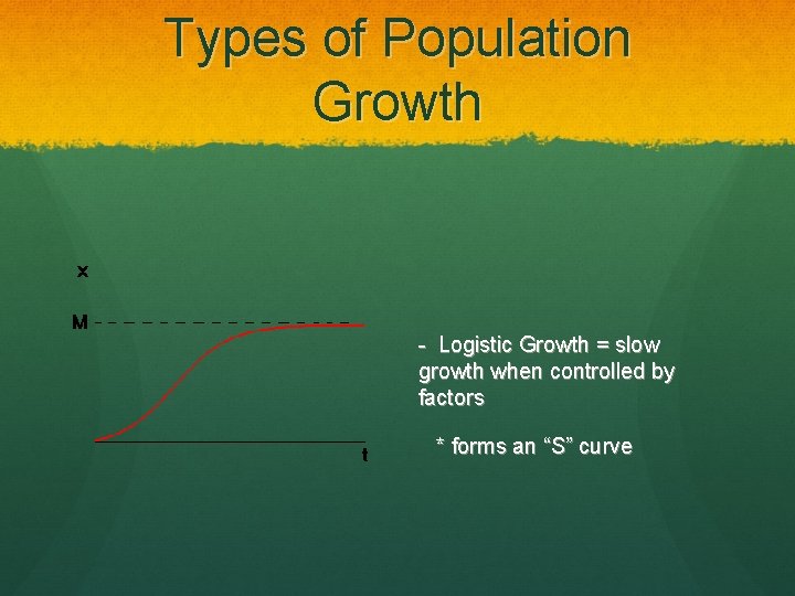 Types of Population Growth - Logistic Growth = slow growth when controlled by factors