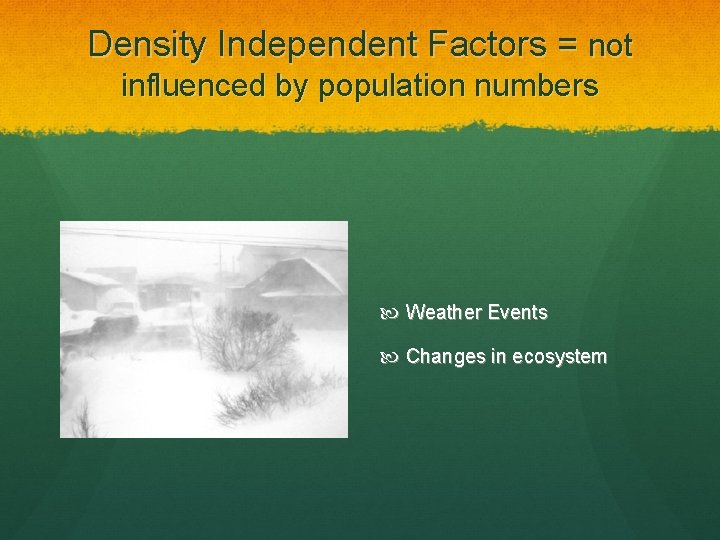 Density Independent Factors = not influenced by population numbers Weather Events Changes in ecosystem