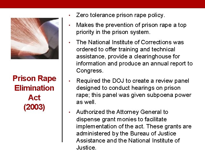 Prison Rape Elimination Act (2003) • Zero tolerance prison rape policy. • Makes the