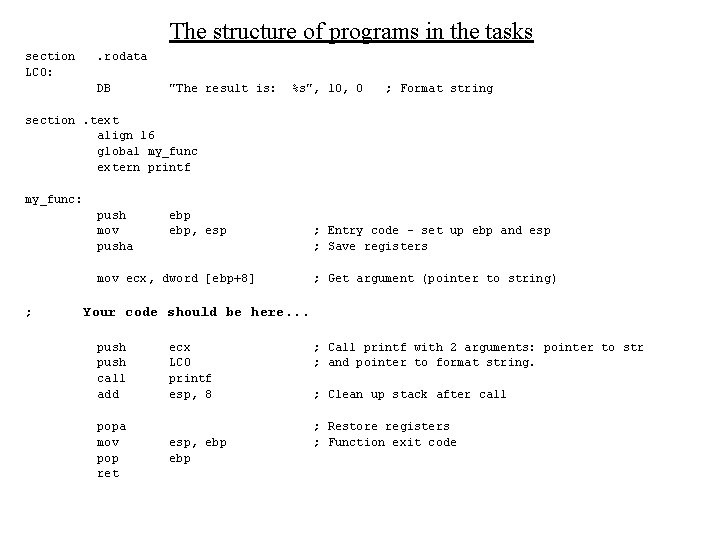 The structure of programs in the tasks section LC 0: . rodata DB "The