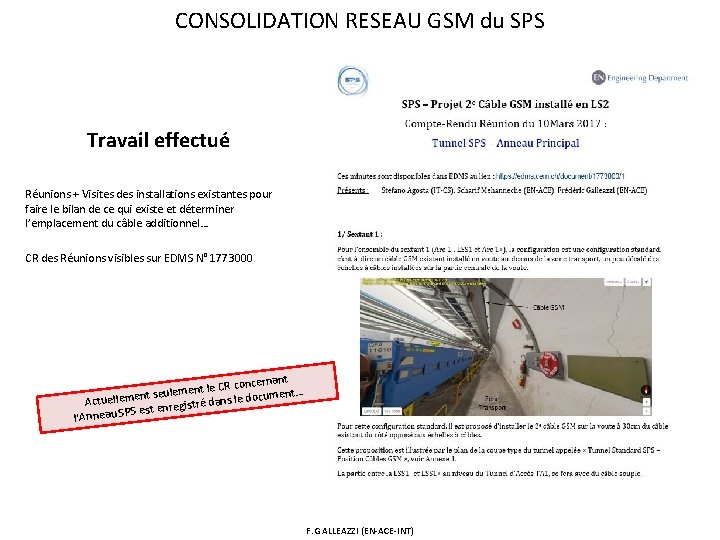 CONSOLIDATION RESEAU GSM du SPS Travail effectué Réunions + Visites des installations existantes pour