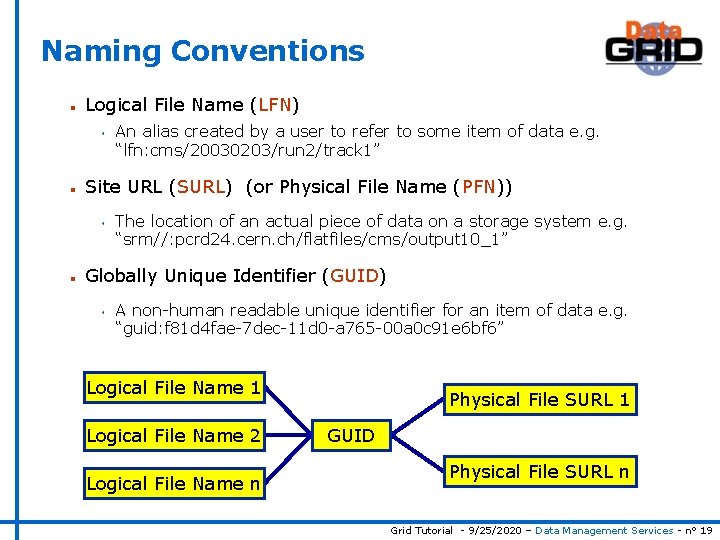 Naming Conventions n Logical File Name (LFN) s n Site URL (SURL) (or Physical