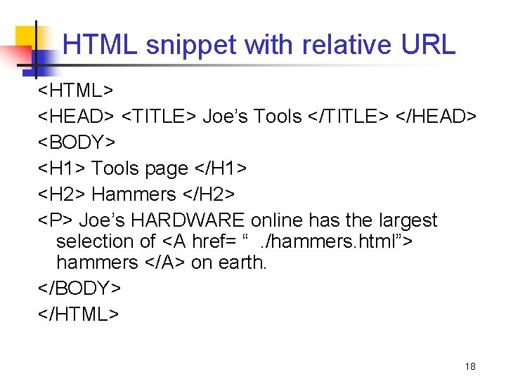 HTML snippet with relative URL <HTML> <HEAD> <TITLE> Joe’s Tools </TITLE> </HEAD> <BODY> <H