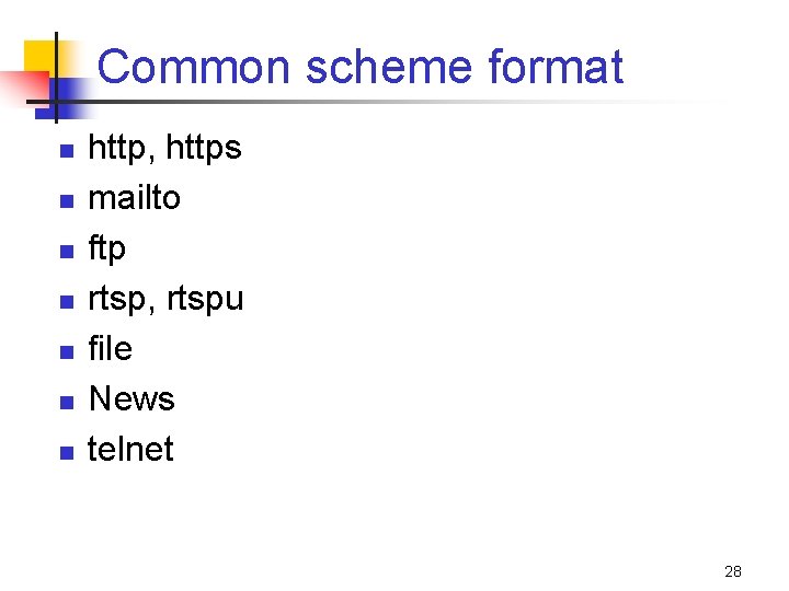 Common scheme format n n n n http, https mailto ftp rtsp, rtspu file