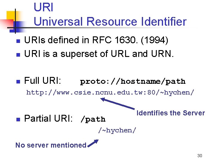 URI Universal Resource Identifier n URIs defined in RFC 1630. (1994) URI is a