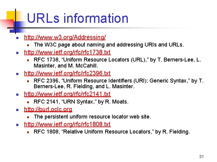 URLs information n http: //www. w 3. org/Addressing/ n n http: //www. ietf. org/rfc