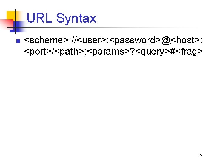 URL Syntax n <scheme>: //<user>: <password>@<host>: <port>/<path>; <params>? <query>#<frag> 6 