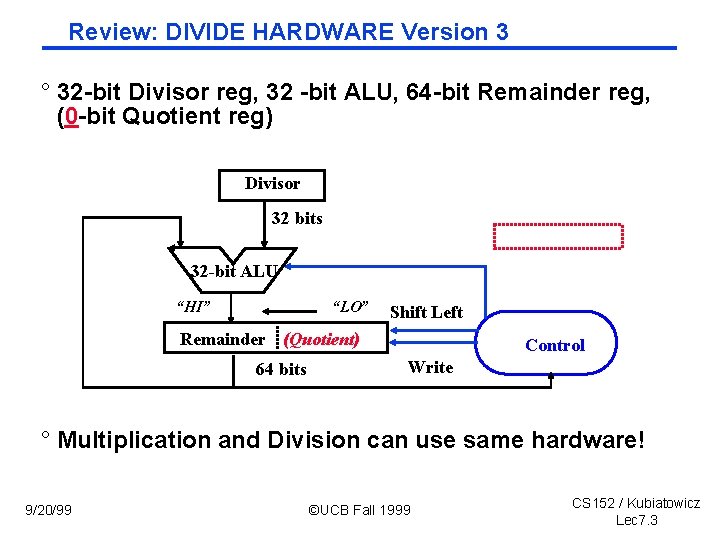 Review: DIVIDE HARDWARE Version 3 ° 32 bit Divisor reg, 32 bit ALU, 64