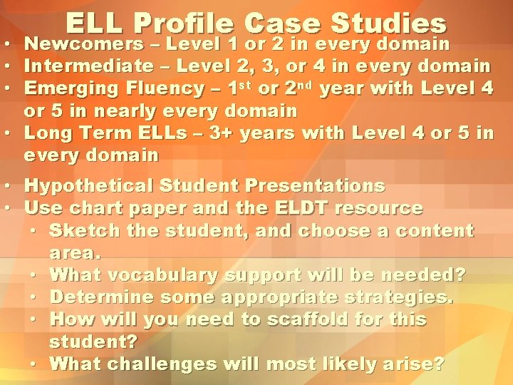 ELL Profile Case Studies • Newcomers – Level 1 or 2 in every domain