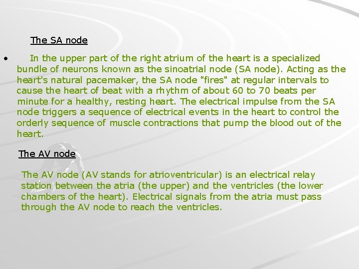The SA node • In the upper part of the right atrium of the