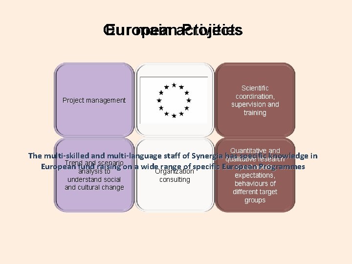 Our European main activities Project management Policy and services planning and evaluation Scientific coordination,