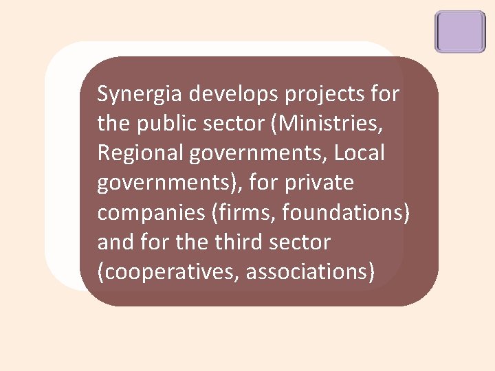 Synergia develops projects for the public sector (Ministries, Regional governments, Local governments), for private