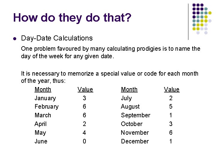 How do they do that? l Day-Date Calculations One problem favoured by many calculating