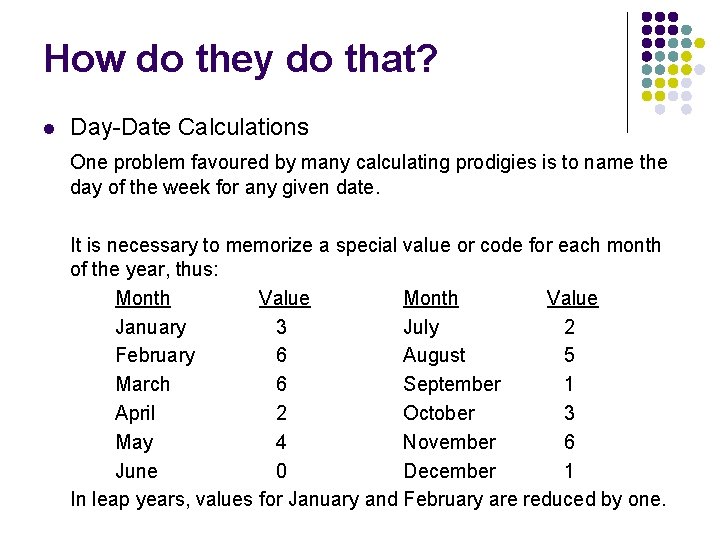 How do they do that? l Day-Date Calculations One problem favoured by many calculating