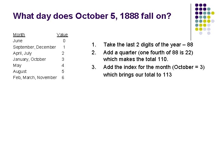 What day does October 5, 1888 fall on? Month Value June 0 September, December