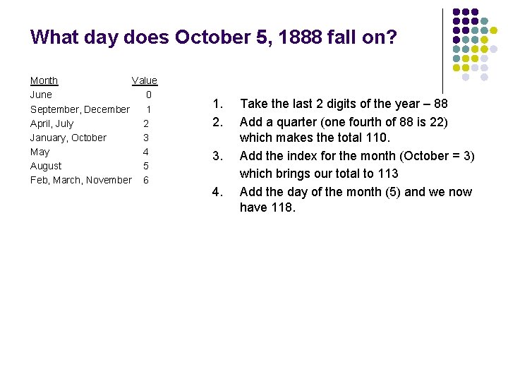 What day does October 5, 1888 fall on? Month Value June 0 September, December