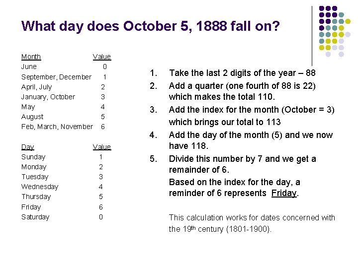 What day does October 5, 1888 fall on? Month Value June 0 September, December