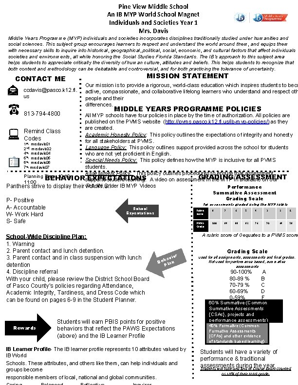Pine View Middle School An IB MYP World School Magnet Individuals and Societies Year